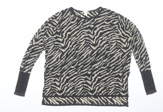 H&M Womens Grey Round Neck Animal Print Acrylic Pullover Jumper Size S - Zebra print