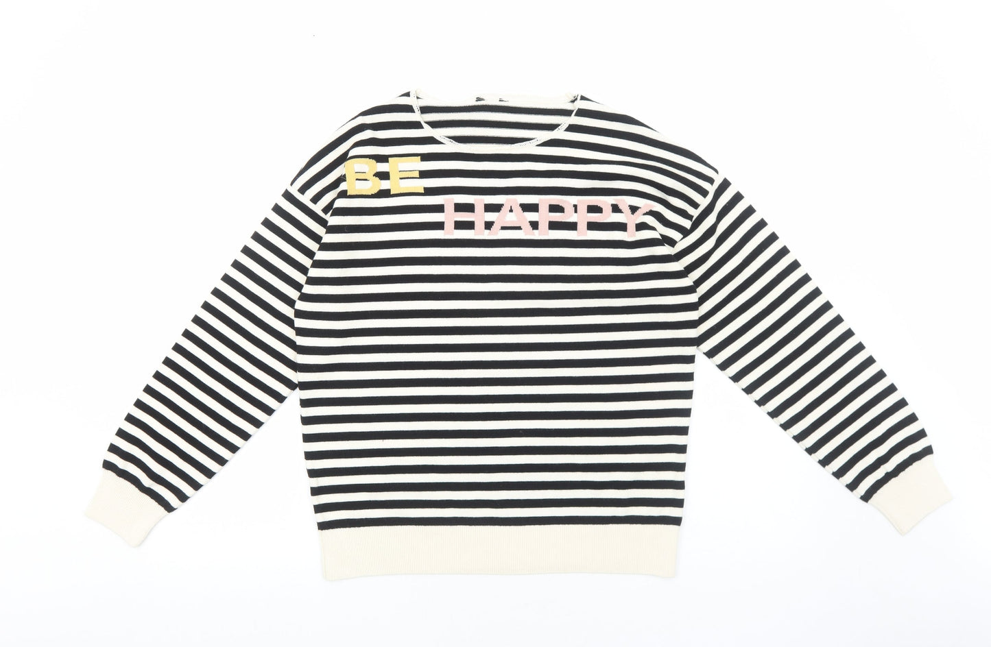 M&Co Womens Black Round Neck Striped Acrylic Pullover Jumper Size 12 - Happy