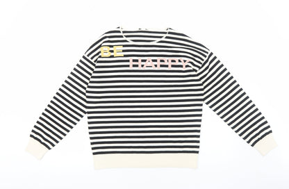 M&Co Womens Black Round Neck Striped Acrylic Pullover Jumper Size 12 - Happy