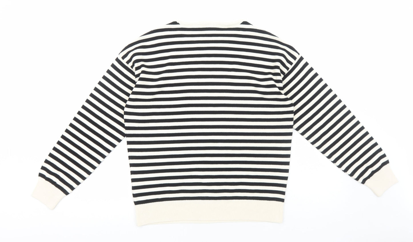 M&Co Womens Black Round Neck Striped Acrylic Pullover Jumper Size 12 - Happy