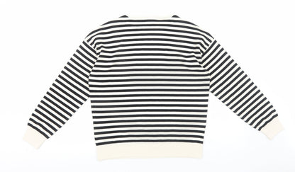 M&Co Womens Black Round Neck Striped Acrylic Pullover Jumper Size 12 - Happy