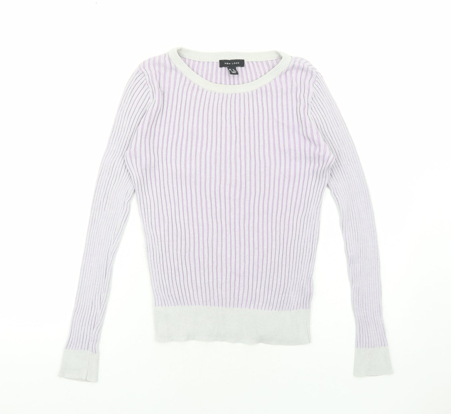 New Look Womens Purple Round Neck Striped Cotton Pullover Jumper Size 8