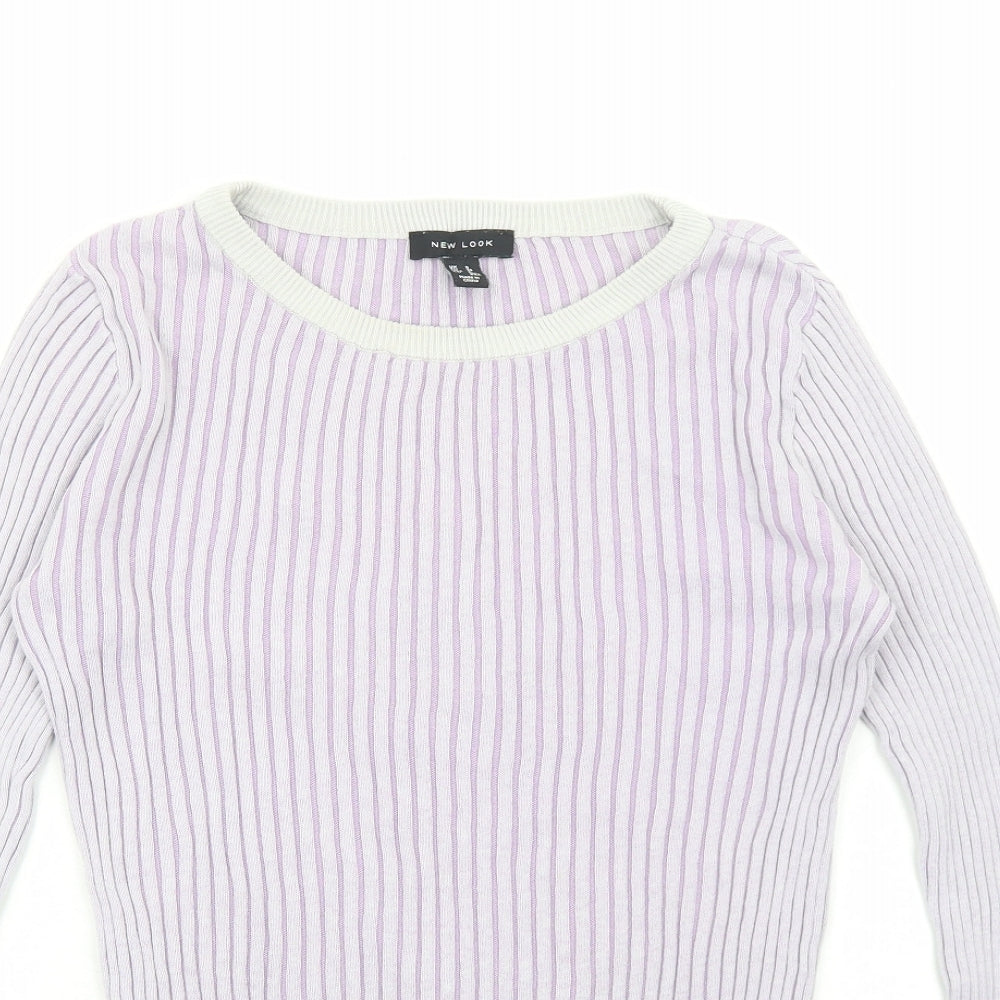 New Look Womens Purple Round Neck Striped Cotton Pullover Jumper Size 8