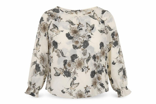 F&F Womens Ivory Floral Polyester Basic Blouse Size 6 Round Neck