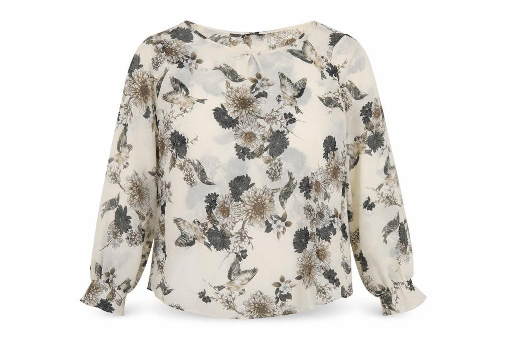 F&F Womens Ivory Floral Polyester Basic Blouse Size 6 Round Neck