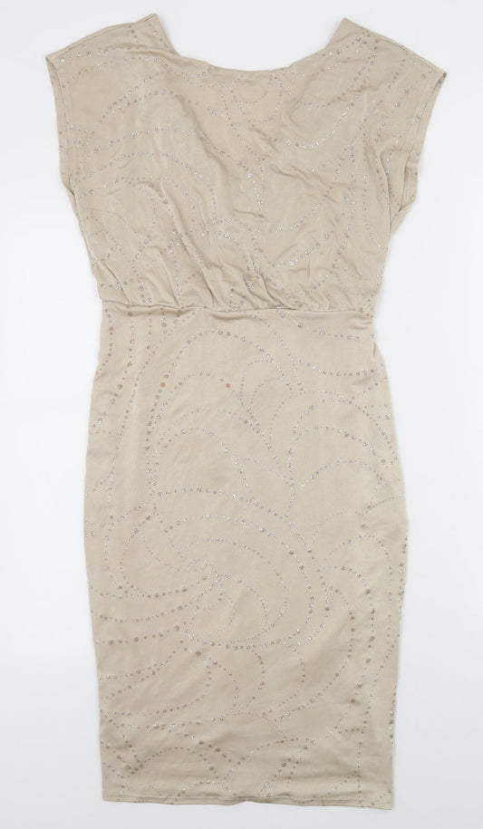 Dorothy Perkins Womens Beige Geometric Polyester Sheath Size 10 Round Neck Zip