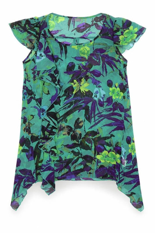 Marks and Spencer Womens Green Floral Polyester Tunic Blouse Size 12 Scoop Neck - Hanky Hem