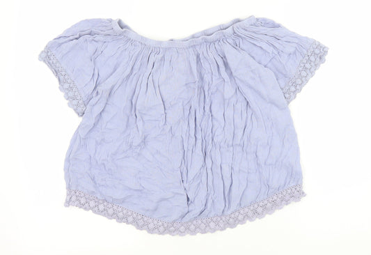Select Womens Blue Viscose Basic Blouse Size 8 Off the Shoulder - Crochet Trim Bardot