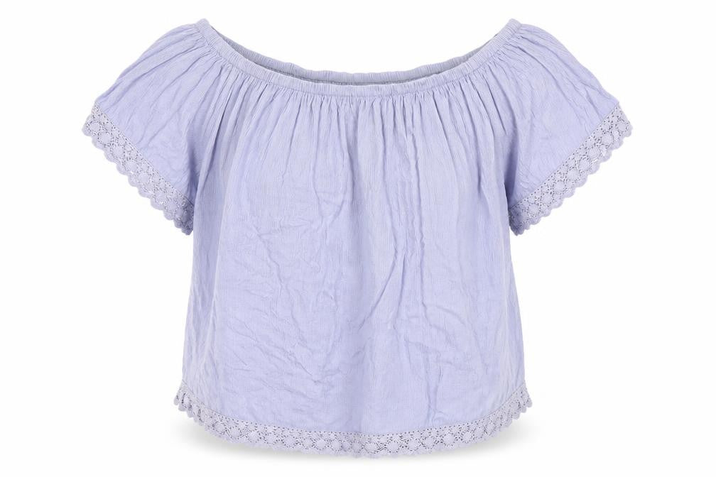 Select Womens Blue Viscose Basic Blouse Size 8 Off the Shoulder - Crochet Trim Bardot