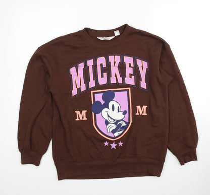 Preloved H&M Girls Brown Cotton Pullover Sweatshirt Size 10-11 Years Pullover - Mickey Mouse - Front