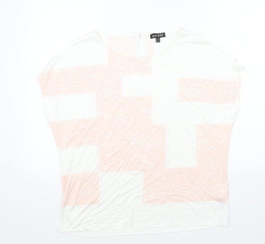 Marble Womens White Geometric Cotton Basic T-Shirt Size L Round Neck