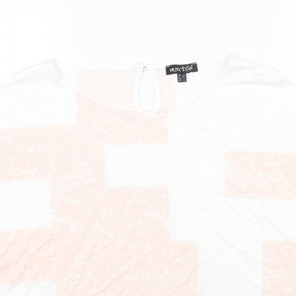 Marble Womens White Geometric Cotton Basic T-Shirt Size L Round Neck