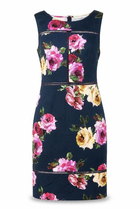 Paraphrase Womens Blue Floral Cotton Pencil Dress Size 10 Boat Neck Zip