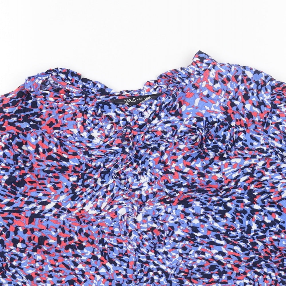 Marks and Spencer Womens Blue Herringbone Viscose Basic Blouse Size 12 V-Neck - Tie Neck Detail
