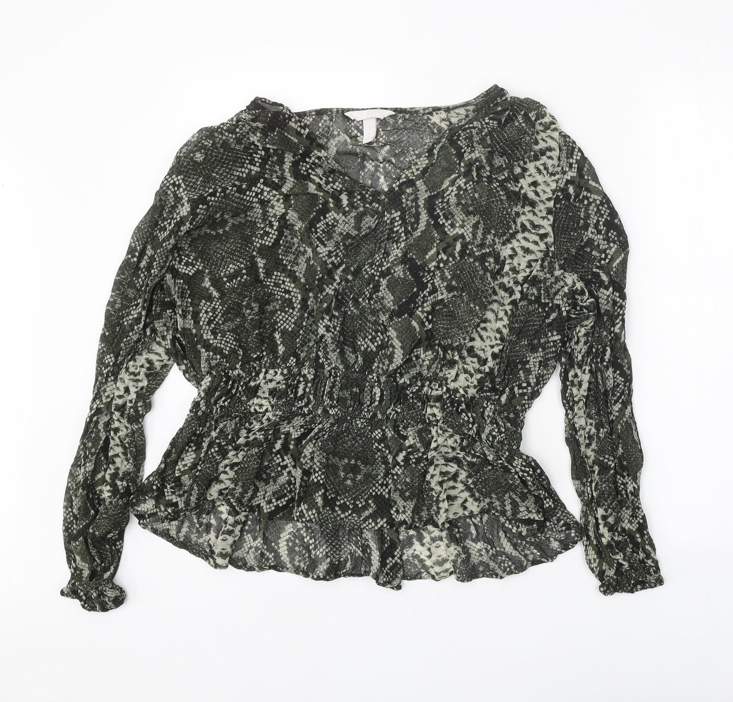 H&M Womens Green Animal Print Viscose Basic Blouse Size 16 V-Neck - Snake Print