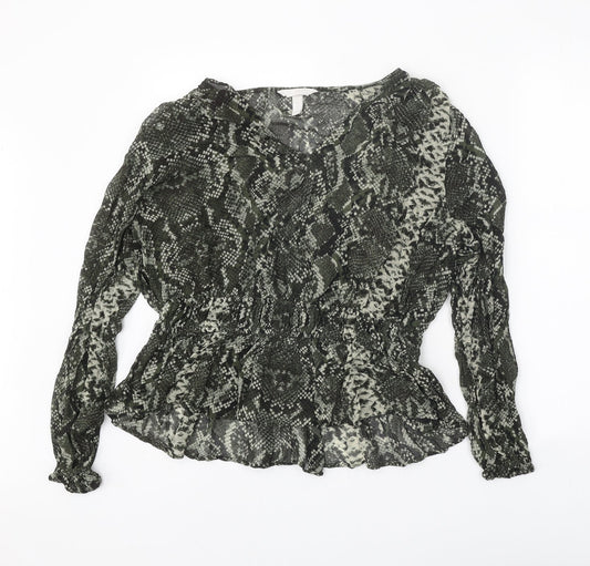 H&M Womens Green Animal Print Viscose Basic Blouse Size 16 V-Neck - Snake Print