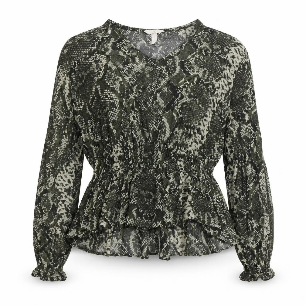 H&M Womens Green Animal Print Viscose Basic Blouse Size 16 V-Neck - Snake Print