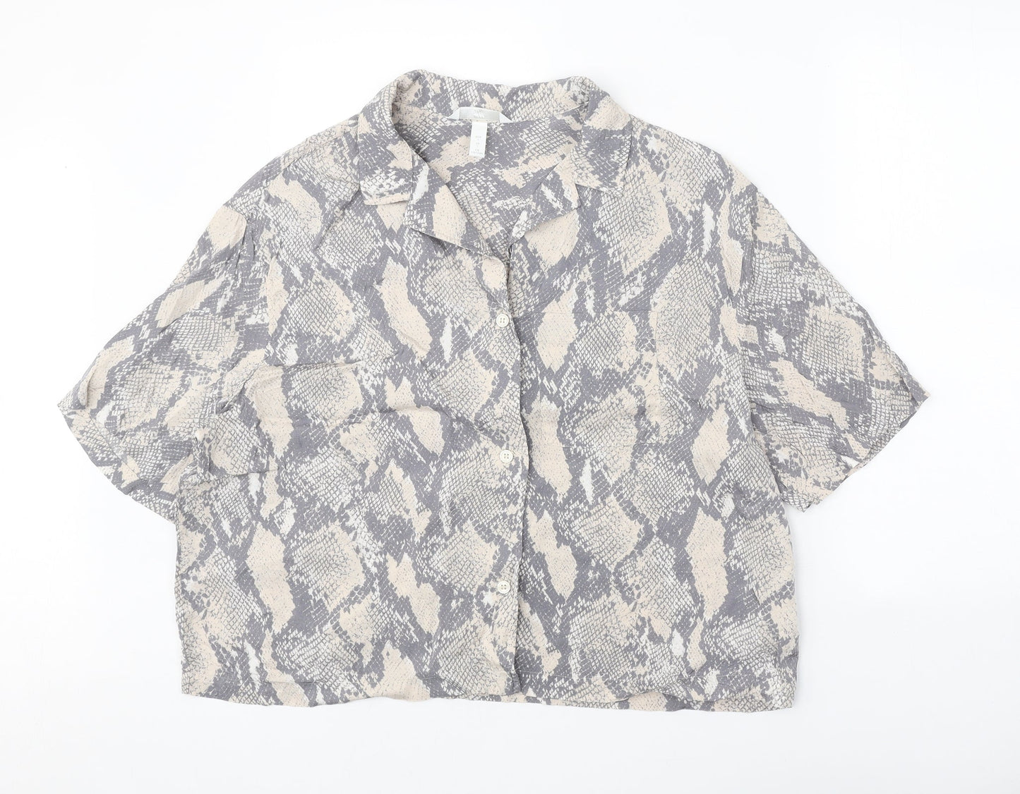 H&M Womens Grey Geometric Viscose Basic Button-Up Size L Collared