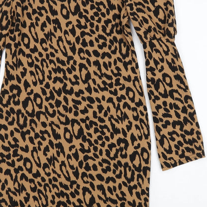Boohoo Womens Brown Animal Print Polyester Sheath Size 8 Square Neck Pullover - Leopard print