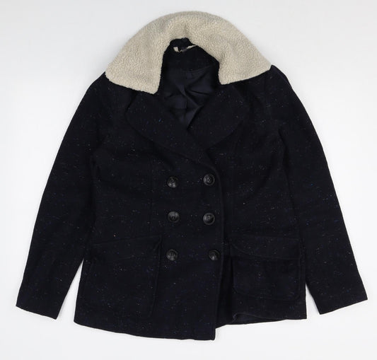 Marks and Spencer Womens Blue Geometric Pea Coat Coat Size 10 Button