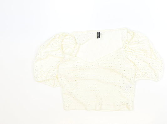 H&M Womens Ivory Polyester Cropped T-Shirt Size L V-Neck