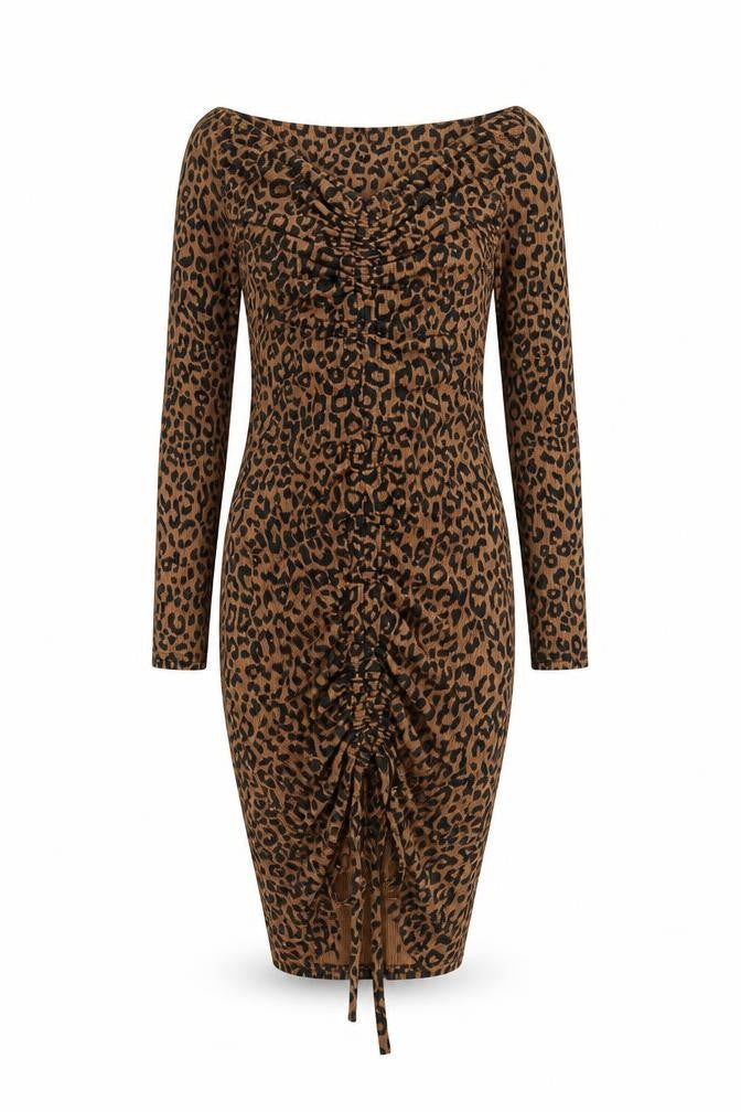 PRETTYLITTLETHING Womens Brown Animal Print Polyester Bodycon Size 8 V-Neck Pullover - Leopard print