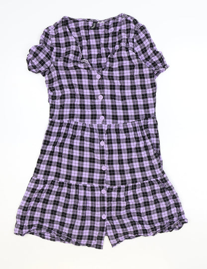 Divided Womens Purple Plaid Viscose A-Line Size 8 V-Neck Button