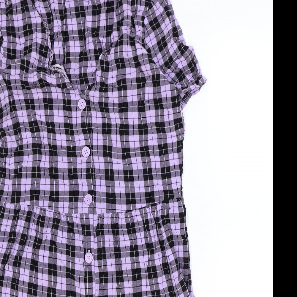 Divided Womens Purple Plaid Viscose A-Line Size 8 V-Neck Button