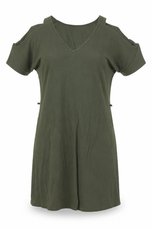 Womens Green Polyester T-Shirt Dress Size 8 V-Neck Pullover - Cold Shoulder
