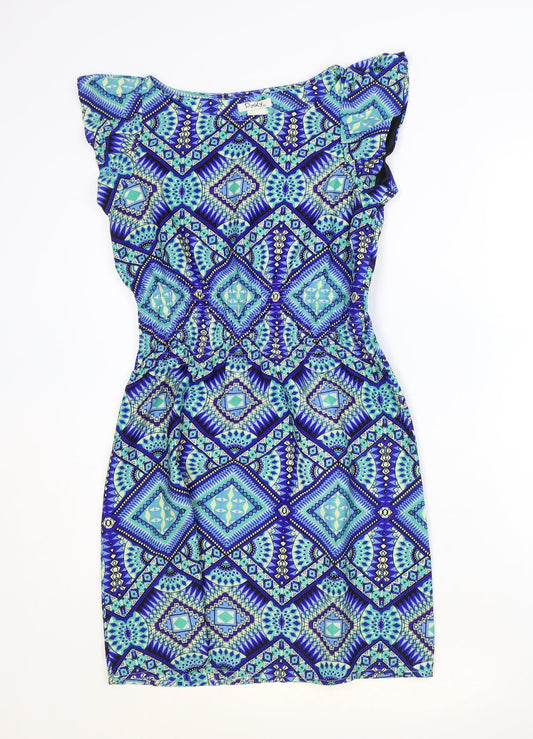 Pinky Womens Blue Geometric Polyester Pencil Dress Size S Boat Neck Pullover - Shirred Waist
