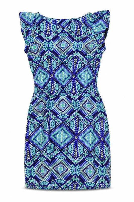 Pinky Womens Blue Geometric Polyester Pencil Dress Size S Boat Neck Pullover - Shirred Waist