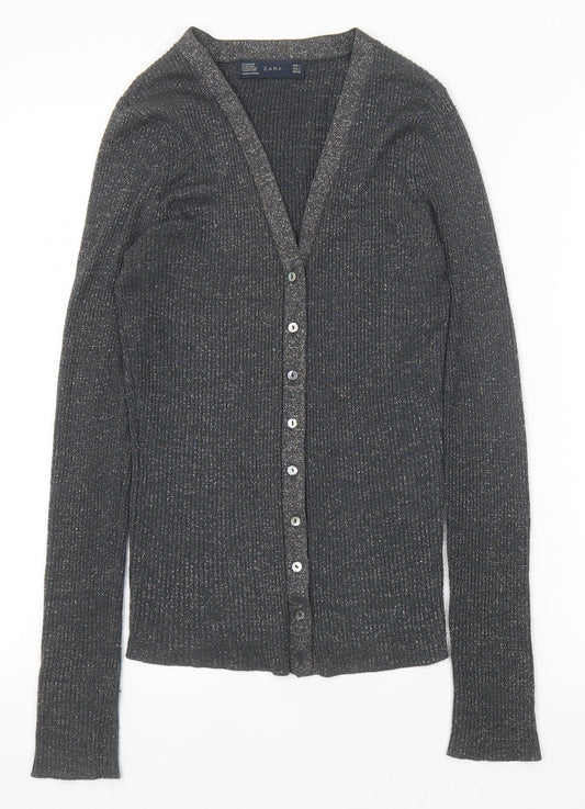 Zara Womens Grey V-Neck Polyester Cardigan Jumper Size S