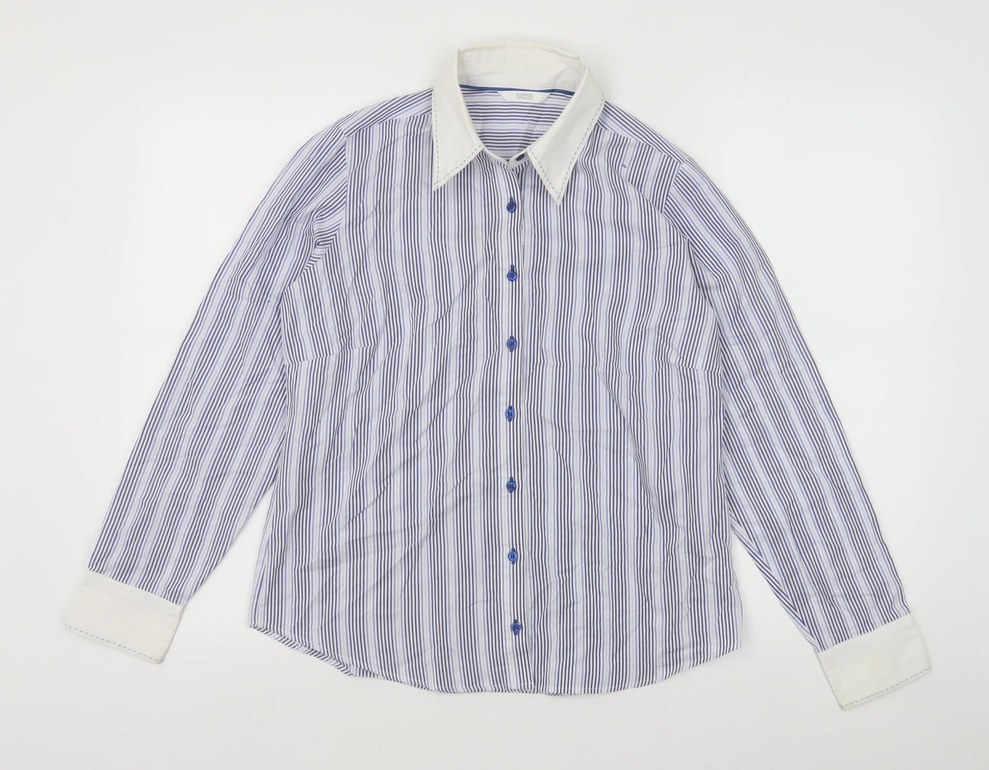 Marks and Spencer Womens Blue Striped Cotton Basic Button-Up Size 12 Collared