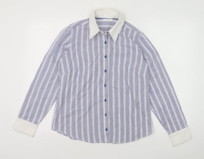 Marks & Spencer Womens Blue Striped Cotton Basic Button-Up Size 12 Collared