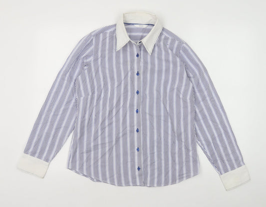 Marks and Spencer Womens Blue Striped Cotton Basic Button-Up Size 12 Collared