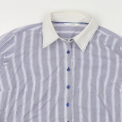 Marks & Spencer Womens Blue Striped Cotton Basic Button-Up Size 12 Collared