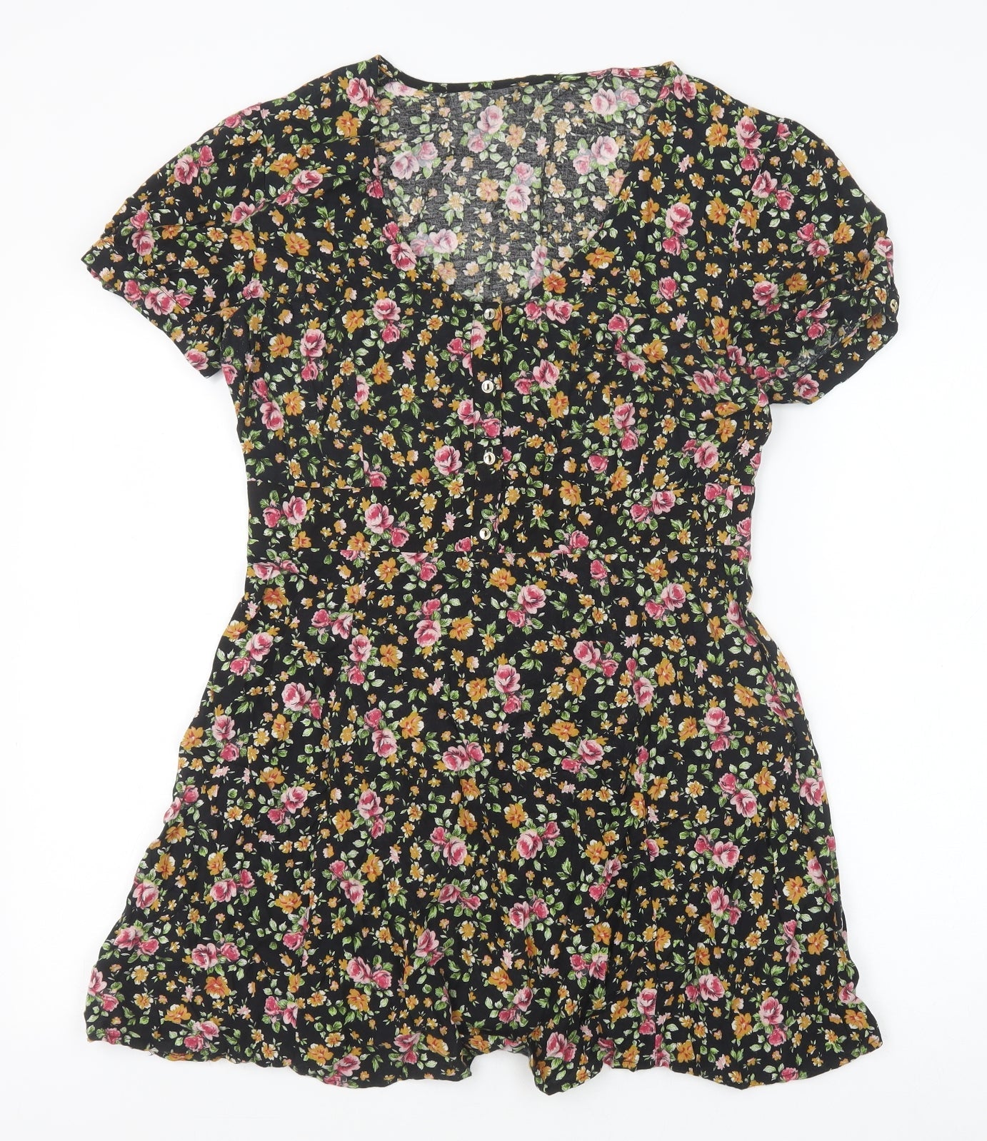 River Island Womens Black Floral Viscose A-Line Size 12 Scoop Neck Button