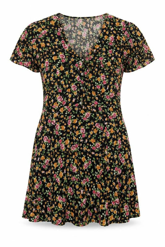 River Island Womens Black Floral Viscose A-Line Size 12 Scoop Neck Button