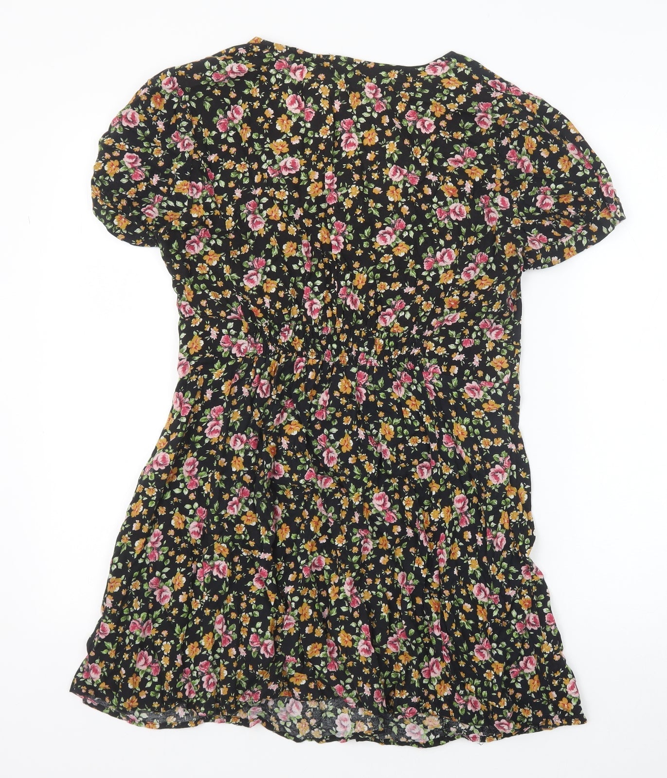 River Island Womens Black Floral Viscose A-Line Size 12 Scoop Neck Button