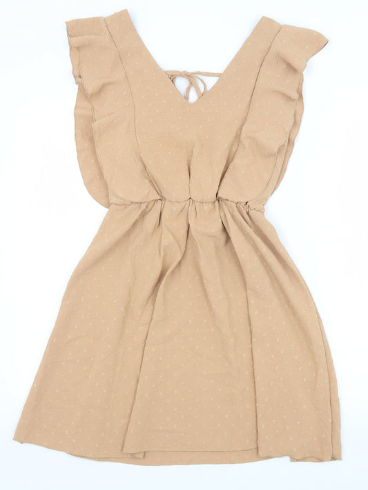 Koolook Womens Beige Geometric Polyester Fit & Flare Size S V-Neck Tie