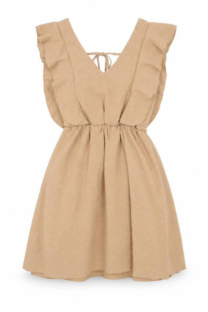 Koolook Womens Beige Geometric Polyester Fit & Flare Size S V-Neck Tie