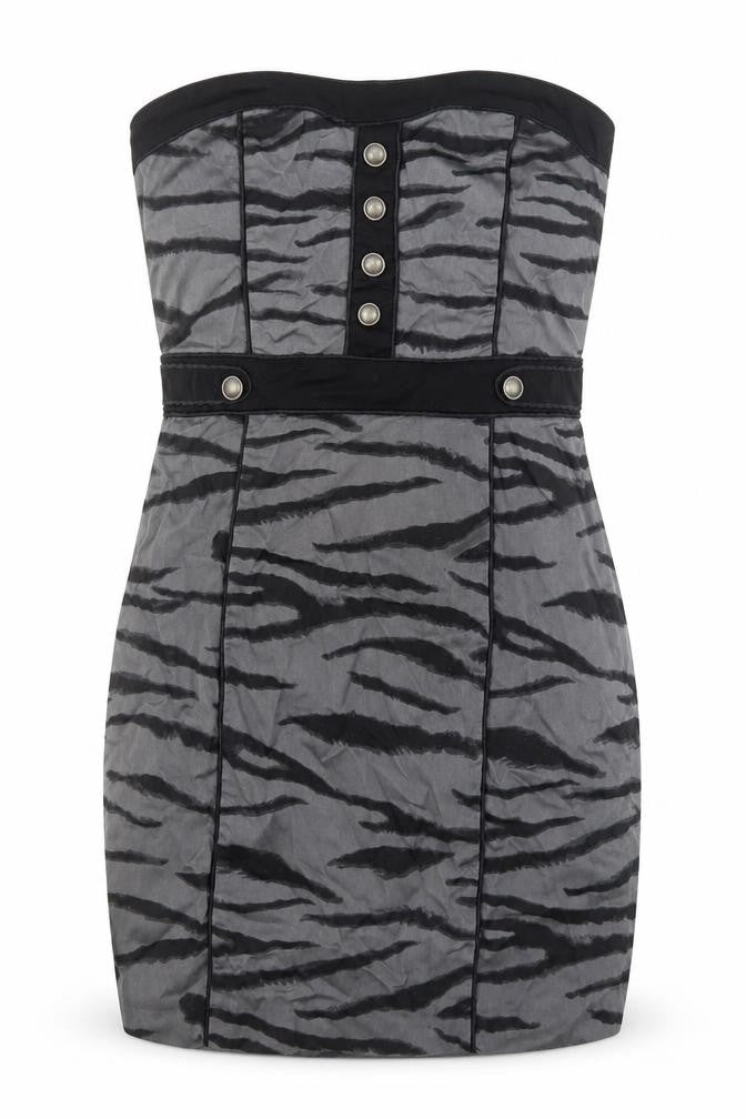 H&M Womens Grey Animal Print Cotton Bodycon Size 8 Off the Shoulder Zip - Tiger Pattern