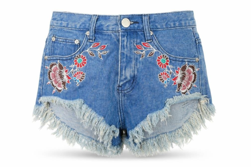 Glamorous Womens Blue Floral Cotton Cut-Off Shorts Size S Regular Zip