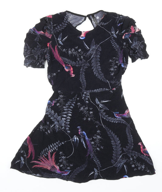 Yours Curvy Womens Black Geometric Cotton A-Line Size 8 Round Neck Button