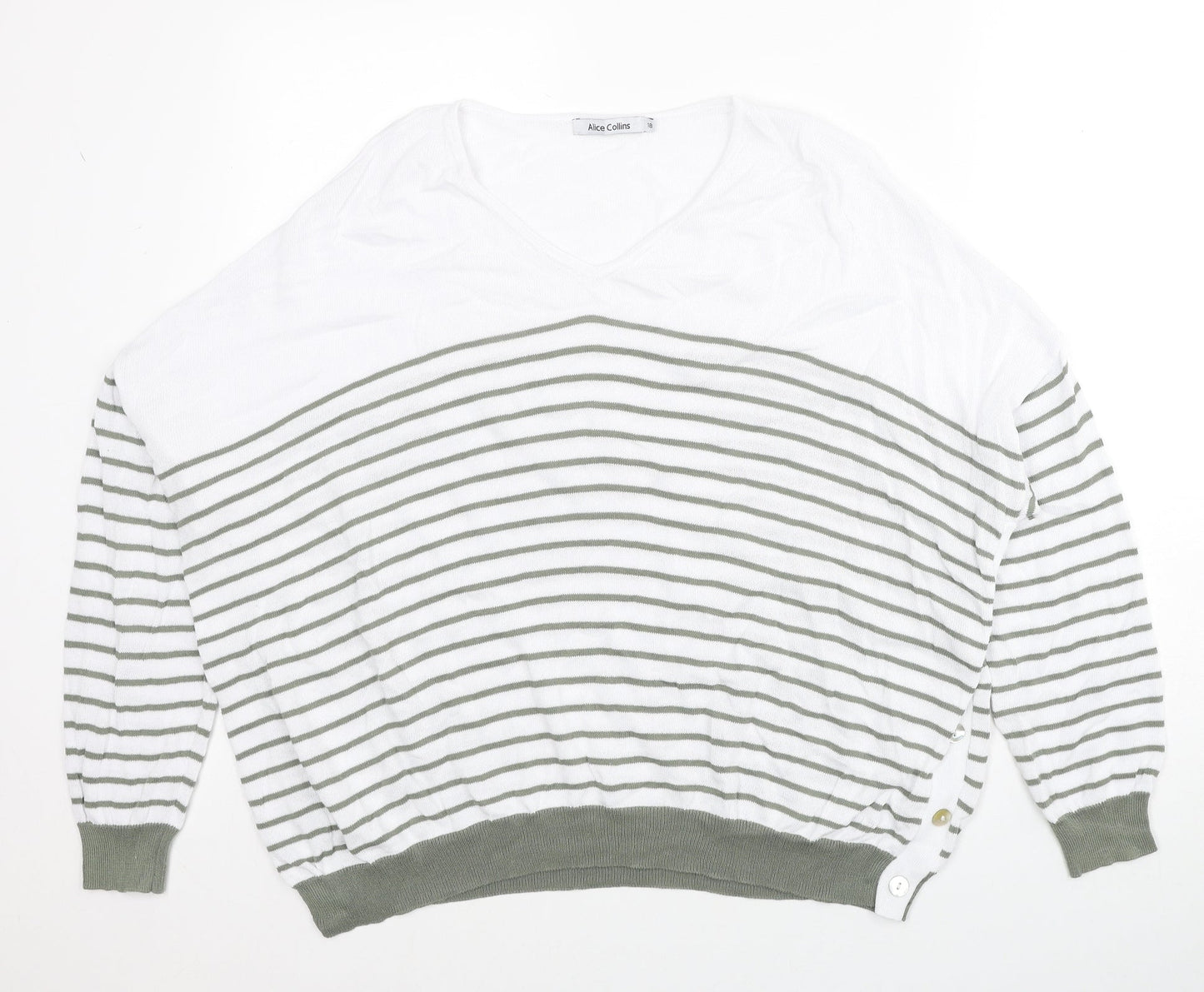 Alice Collins Womens White V-Neck Striped Viscose Pullover Jumper Size 18
