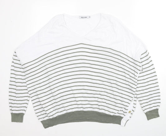 Alice Collins Womens White V-Neck Striped Viscose Pullover Jumper Size 18