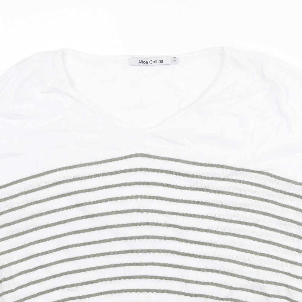 Alice Collins Womens White V-Neck Striped Viscose Pullover Jumper Size 18