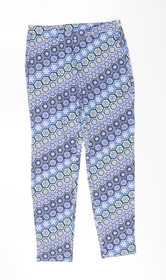 Dorothy Perkins Womens Blue Geometric Cotton Trousers Size 8 Regular Zip