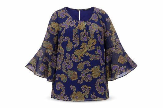 Atmosphere Womens Blue Geometric Polyester A-Line Size 14 Round Neck Button