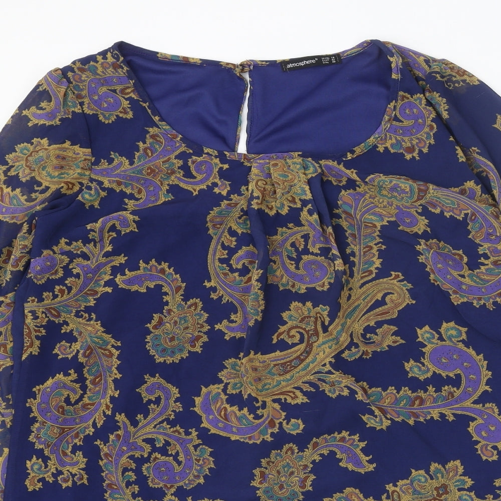 Atmosphere Womens Blue Geometric Polyester A-Line Size 14 Round Neck Button